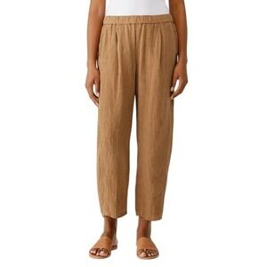 EILEEN FISHER Puckered Organic Linen Lantern Pant Plaid Cropped Pants Brown Sz L
